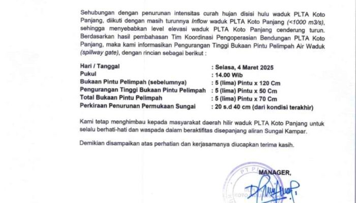 Pemberitahuan Pengurangan Tinggi Bukaan Pintu Pelimpah Waduk PLTA Koto Panjang