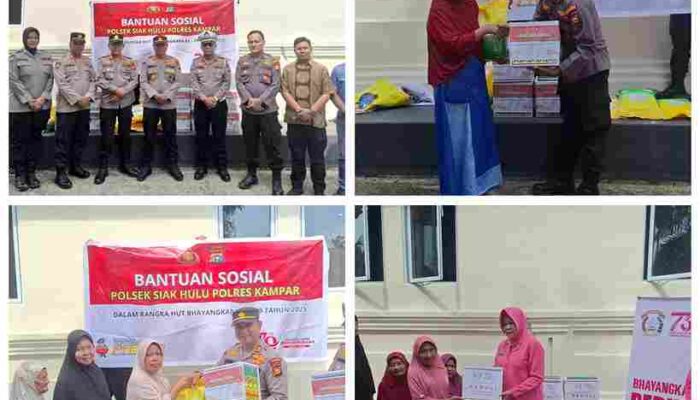 Polsek Siak Hulu dan Bhayangkari Berbagi Kebahagiaan, Salurkan Bansos Sambut HUT Bhayangkara ke-79