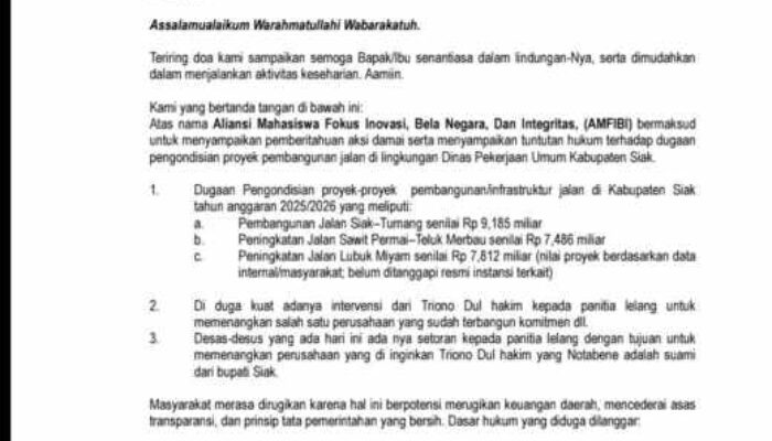 AMFIBI Bakal Gelar Unjuk Rasa, Tuding Suami Bupati Siak Atur Pemenangan Tender Proyek Jalan